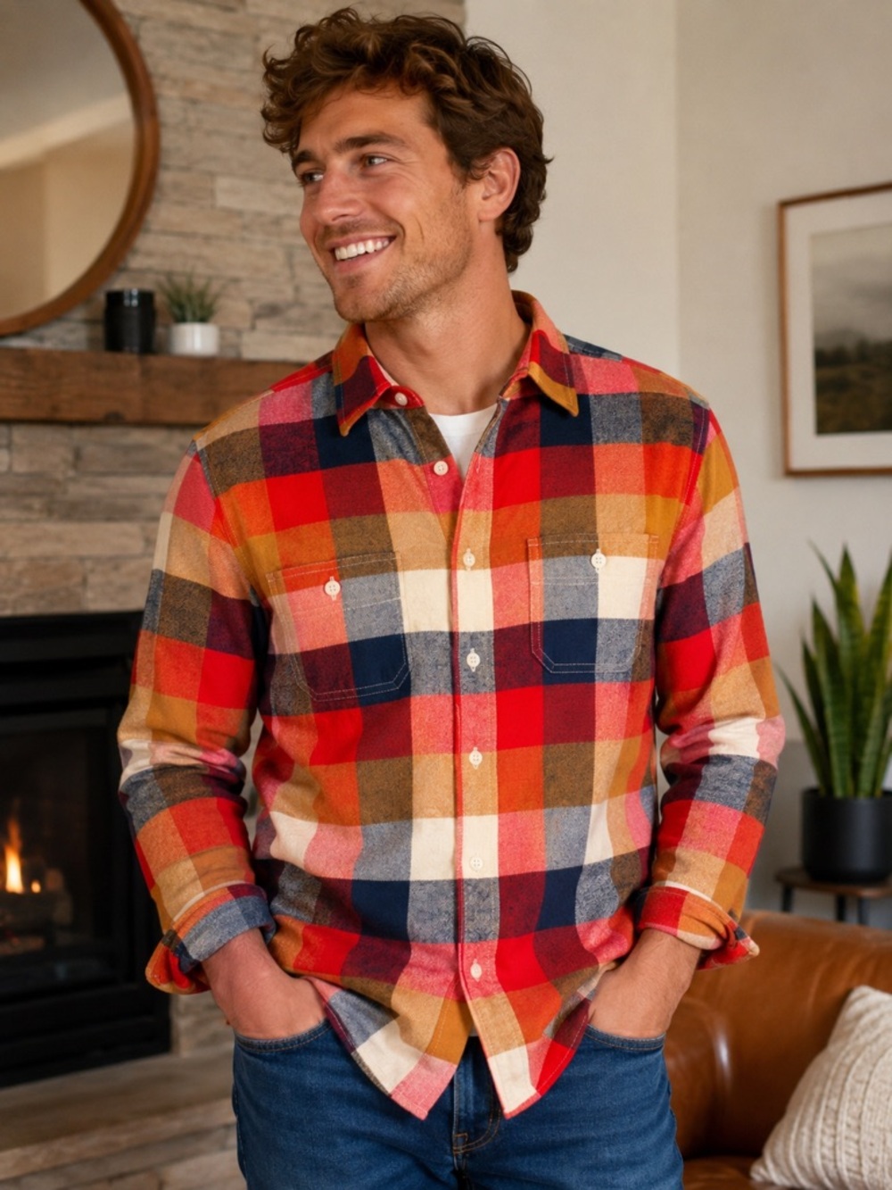 Old Navy Red Navy Tan Multicolor Plaid Shirt